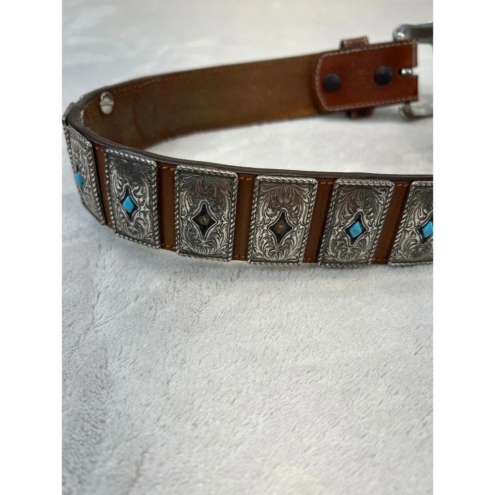 Leather Belt Unisex 34 Brown Handtooled Western Turquoise Concho Silver Buckle